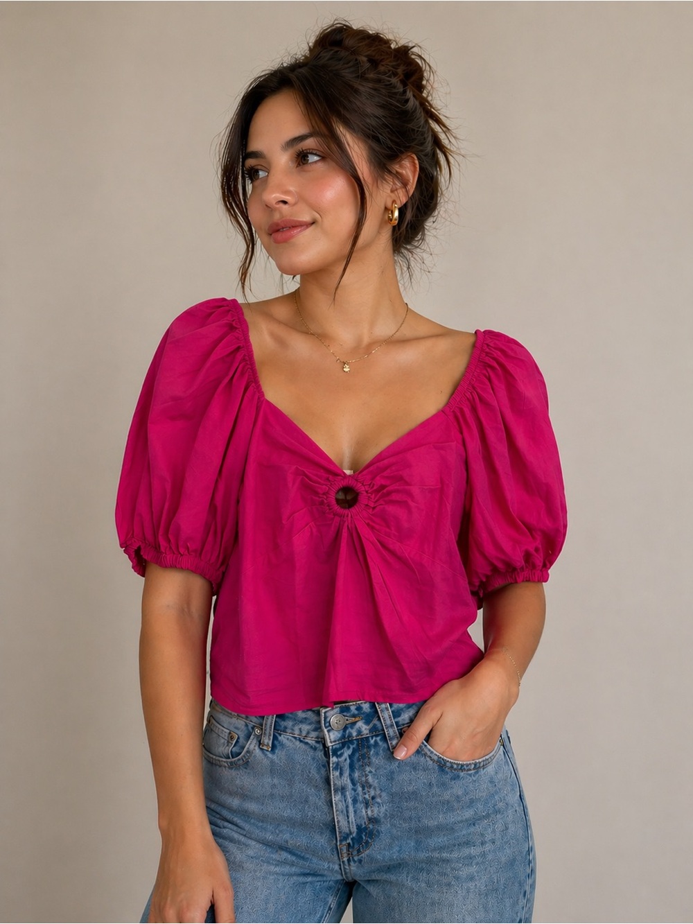 Anthropologie Sim & Sam Ring-Front Puff Sleeve Crop Top in Magenta